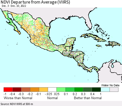 Mexico Central America and the Caribbean NDVI Departure from Average (VIIRS) Thematic Map For 12/3/2022 - 12/10/2022