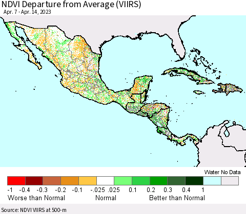 Mexico Central America and the Caribbean NDVI Departure from Average (VIIRS) Thematic Map For 4/7/2023 - 4/14/2023