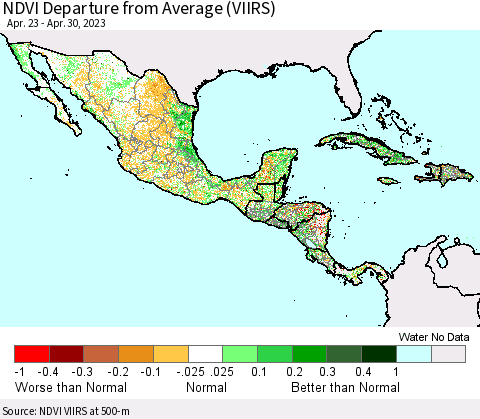 Mexico Central America and the Caribbean NDVI Departure from Average (VIIRS) Thematic Map For 4/23/2023 - 4/30/2023