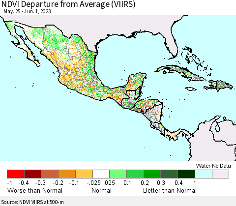 Mexico Central America and the Caribbean NDVI Departure from Average (VIIRS) Thematic Map For 5/25/2023 - 6/1/2023