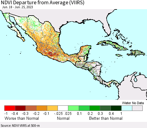 Mexico Central America and the Caribbean NDVI Departure from Average (VIIRS) Thematic Map For 6/18/2023 - 6/25/2023