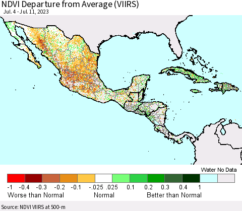 Mexico Central America and the Caribbean NDVI Departure from Average (VIIRS) Thematic Map For 7/4/2023 - 7/11/2023