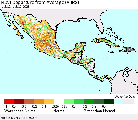 Mexico Central America and the Caribbean NDVI Departure from Average (VIIRS) Thematic Map For 7/12/2023 - 7/19/2023