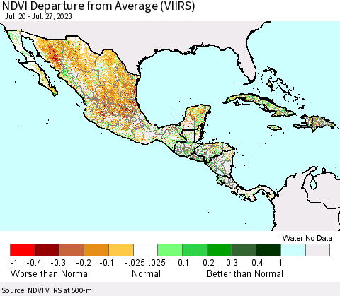 Mexico Central America and the Caribbean NDVI Departure from Average (VIIRS) Thematic Map For 7/20/2023 - 7/27/2023