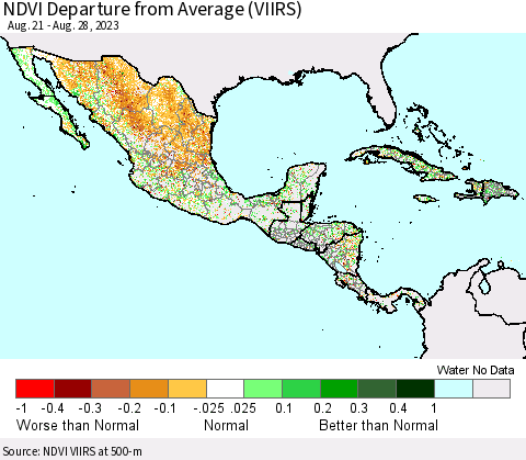 Mexico Central America and the Caribbean NDVI Departure from Average (VIIRS) Thematic Map For 8/21/2023 - 8/28/2023