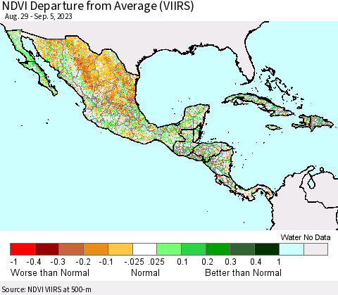 Mexico Central America and the Caribbean NDVI Departure from Average (VIIRS) Thematic Map For 8/29/2023 - 9/5/2023