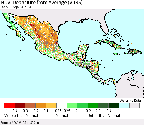 Mexico Central America and the Caribbean NDVI Departure from Average (VIIRS) Thematic Map For 9/6/2023 - 9/13/2023