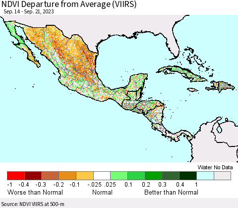 Mexico Central America and the Caribbean NDVI Departure from Average (VIIRS) Thematic Map For 9/14/2023 - 9/21/2023
