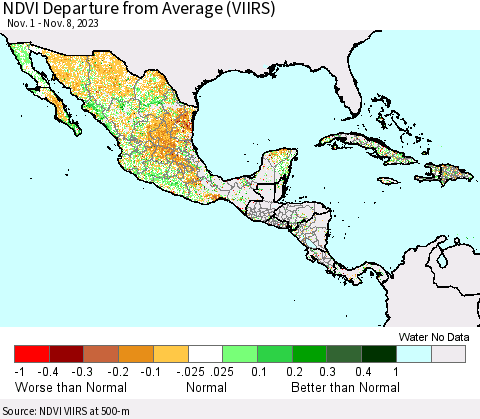 Mexico Central America and the Caribbean NDVI Departure from Average (VIIRS) Thematic Map For 11/1/2023 - 11/8/2023
