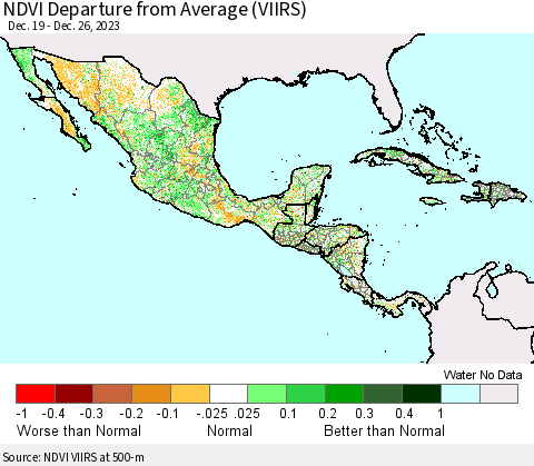 Mexico Central America and the Caribbean NDVI Departure from Average (VIIRS) Thematic Map For 12/19/2023 - 12/26/2023