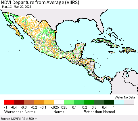 Mexico Central America and the Caribbean NDVI Departure from Average (VIIRS) Thematic Map For 3/13/2024 - 3/20/2024