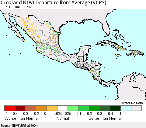 Mexico Central America and the Caribbean Cropland NDVI Departure from Average (VIIRS) Thematic Map For 6/10/2021 - 6/17/2021