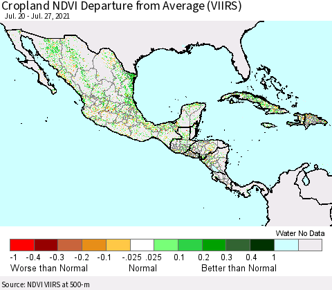 Mexico Central America and the Caribbean Cropland NDVI Departure from Average (VIIRS) Thematic Map For 7/20/2021 - 7/27/2021