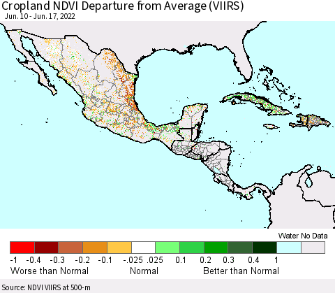 Mexico Central America and the Caribbean Cropland NDVI Departure from Average (VIIRS) Thematic Map For 6/10/2022 - 6/17/2022
