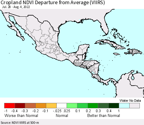 Mexico Central America and the Caribbean Cropland NDVI Departure from Average (VIIRS) Thematic Map For 7/28/2022 - 8/4/2022