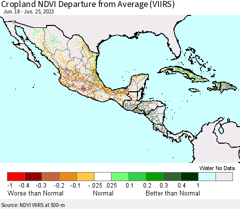 Mexico Central America and the Caribbean Cropland NDVI Departure from Average (VIIRS) Thematic Map For 6/18/2023 - 6/25/2023