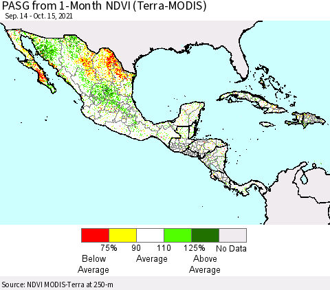 Mexico Central America and the Caribbean PASG from 1-Month NDVI (Terra-MODIS) Thematic Map For 10/8/2021 - 10/15/2021