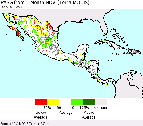 Mexico Central America and the Caribbean PASG from 1-Month NDVI (Terra-MODIS) Thematic Map For 10/24/2021 - 10/31/2021