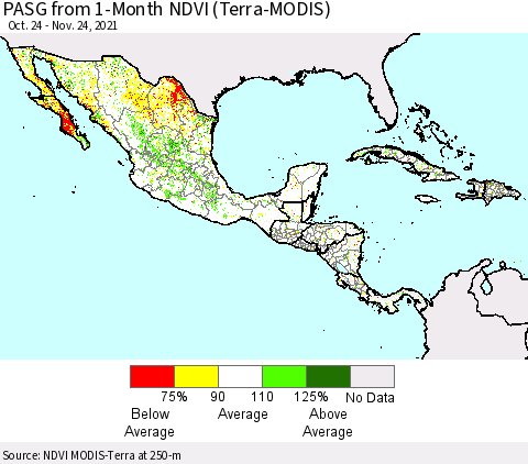 Mexico Central America and the Caribbean PASG from 1-Month NDVI (Terra-MODIS) Thematic Map For 11/17/2021 - 11/24/2021