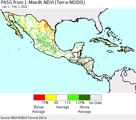 Mexico Central America and the Caribbean PASG from 1-Month NDVI (Terra-MODIS) Thematic Map For 1/25/2022 - 2/1/2022