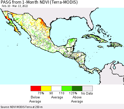 Mexico Central America and the Caribbean PASG from 1-Month NDVI (Terra-MODIS) Thematic Map For 3/6/2022 - 3/13/2022