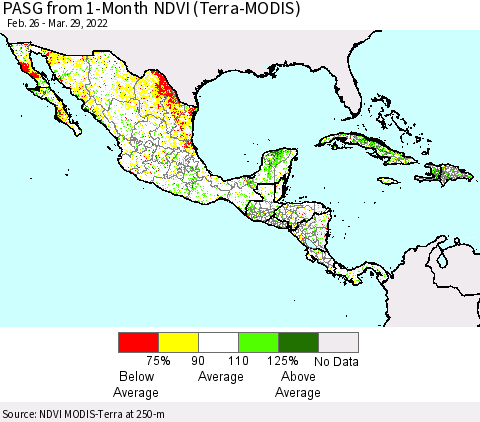 Mexico Central America and the Caribbean PASG from 1-Month NDVI (Terra-MODIS) Thematic Map For 3/22/2022 - 3/29/2022