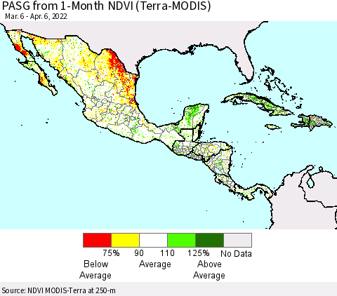 Mexico Central America and the Caribbean PASG from 1-Month NDVI (Terra-MODIS) Thematic Map For 3/30/2022 - 4/6/2022