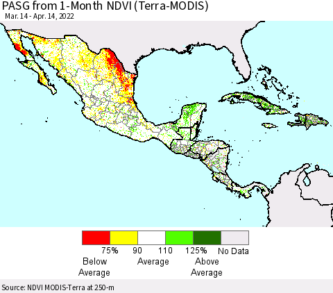 Mexico Central America and the Caribbean PASG from 1-Month NDVI (Terra-MODIS) Thematic Map For 4/7/2022 - 4/14/2022