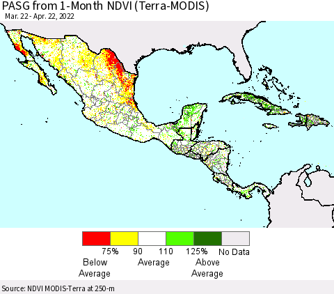 Mexico Central America and the Caribbean PASG from 1-Month NDVI (Terra-MODIS) Thematic Map For 4/15/2022 - 4/22/2022