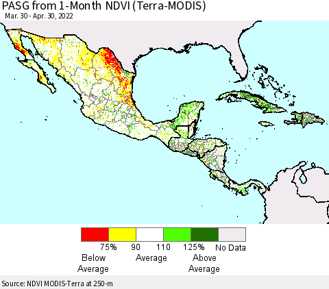 Mexico Central America and the Caribbean PASG from 1-Month NDVI (Terra-MODIS) Thematic Map For 4/23/2022 - 4/30/2022