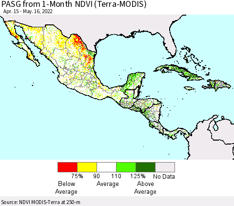 Mexico Central America and the Caribbean PASG from 1-Month NDVI (Terra-MODIS) Thematic Map For 5/9/2022 - 5/16/2022