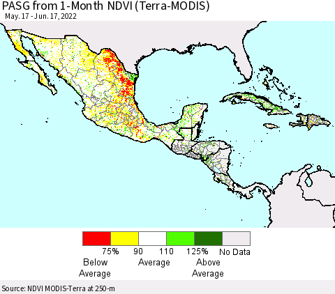 Mexico Central America and the Caribbean PASG from 1-Month NDVI (Terra-MODIS) Thematic Map For 6/10/2022 - 6/17/2022