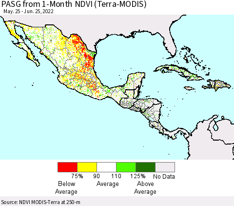 Mexico Central America and the Caribbean PASG from 1-Month NDVI (Terra-MODIS) Thematic Map For 6/18/2022 - 6/25/2022