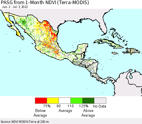 Mexico Central America and the Caribbean PASG from 1-Month NDVI (Terra-MODIS) Thematic Map For 6/26/2022 - 7/3/2022