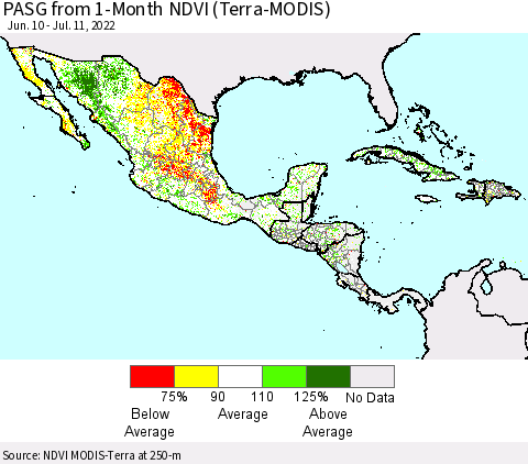 Mexico Central America and the Caribbean PASG from 1-Month NDVI (Terra-MODIS) Thematic Map For 7/4/2022 - 7/11/2022