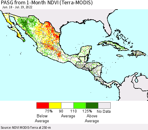 Mexico Central America and the Caribbean PASG from 1-Month NDVI (Terra-MODIS) Thematic Map For 7/12/2022 - 7/19/2022