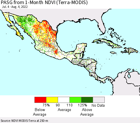 Mexico Central America and the Caribbean PASG from 1-Month NDVI (Terra-MODIS) Thematic Map For 7/28/2022 - 8/4/2022