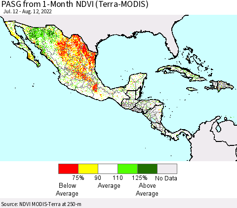 Mexico Central America and the Caribbean PASG from 1-Month NDVI (Terra-MODIS) Thematic Map For 8/5/2022 - 8/12/2022