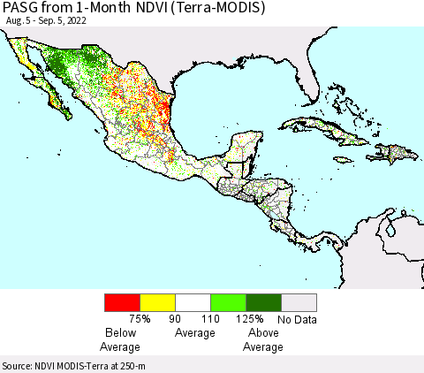 Mexico Central America and the Caribbean PASG from 1-Month NDVI (Terra-MODIS) Thematic Map For 8/29/2022 - 9/5/2022
