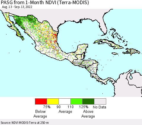 Mexico Central America and the Caribbean PASG from 1-Month NDVI (Terra-MODIS) Thematic Map For 9/6/2022 - 9/13/2022