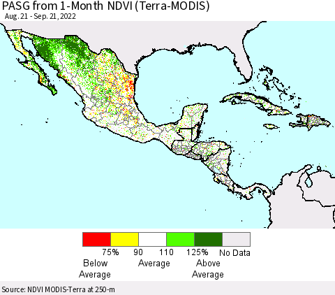 Mexico Central America and the Caribbean PASG from 1-Month NDVI (Terra-MODIS) Thematic Map For 9/14/2022 - 9/21/2022