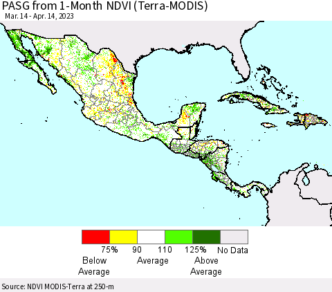 Mexico Central America and the Caribbean PASG from 1-Month NDVI (Terra-MODIS) Thematic Map For 4/7/2023 - 4/14/2023