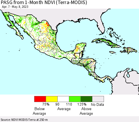Mexico Central America and the Caribbean PASG from 1-Month NDVI (Terra-MODIS) Thematic Map For 5/1/2023 - 5/8/2023