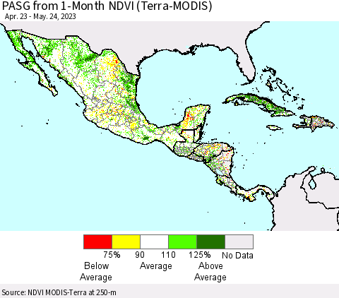 Mexico Central America and the Caribbean PASG from 1-Month NDVI (Terra-MODIS) Thematic Map For 5/17/2023 - 5/24/2023