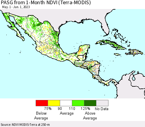 Mexico Central America and the Caribbean PASG from 1-Month NDVI (Terra-MODIS) Thematic Map For 5/25/2023 - 6/1/2023