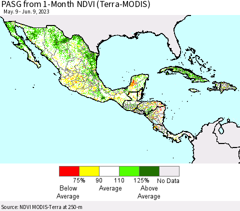 Mexico Central America and the Caribbean PASG from 1-Month NDVI (Terra-MODIS) Thematic Map For 6/2/2023 - 6/9/2023