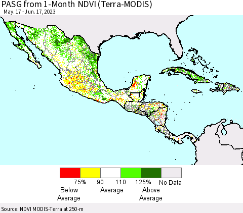 Mexico Central America and the Caribbean PASG from 1-Month NDVI (Terra-MODIS) Thematic Map For 6/10/2023 - 6/17/2023