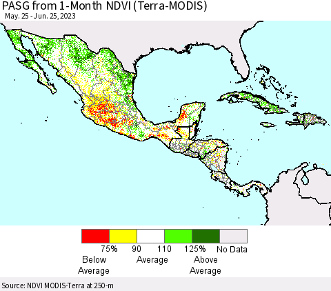 Mexico Central America and the Caribbean PASG from 1-Month NDVI (Terra-MODIS) Thematic Map For 6/18/2023 - 6/25/2023