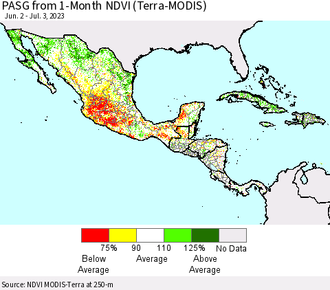 Mexico Central America and the Caribbean PASG from 1-Month NDVI (Terra-MODIS) Thematic Map For 6/26/2023 - 7/3/2023