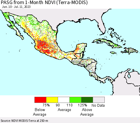 Mexico Central America and the Caribbean PASG from 1-Month NDVI (Terra-MODIS) Thematic Map For 7/4/2023 - 7/11/2023